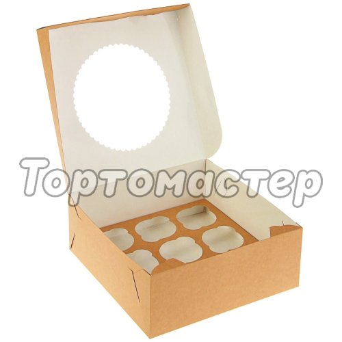 Коробка на 9 капкейков с окошком Крафт/Белая 25 шт OSQ MUF 9