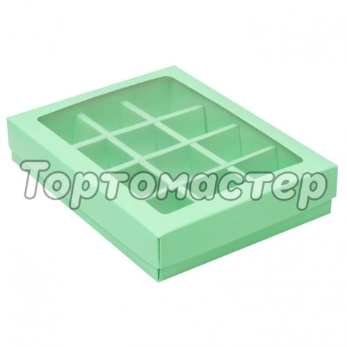 Коробка на 12 конфет с окошком Зелёная 19х15х3,6 см 5 шт КУ-175