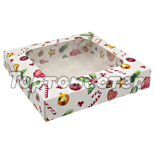 Коробка для печенья/конфет с окошком "Новогодние украшения" 15х15х3 см УПП-14-со-НГ