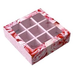 Коробка на 9 конфет с окошком Пионы 13,8х13,8х3,8 см КУ-354