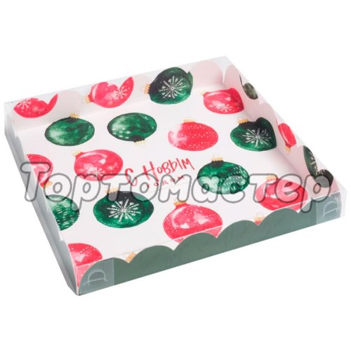 Коробка для сладостей с прозрачной крышкой "Ёлочные игрушки" 21х21х3 см 5128778